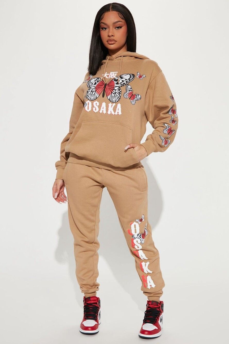 Fashion Nova Osaka Graphic Hoodie Jogger Matching Set Taupe Butterfly Women’s